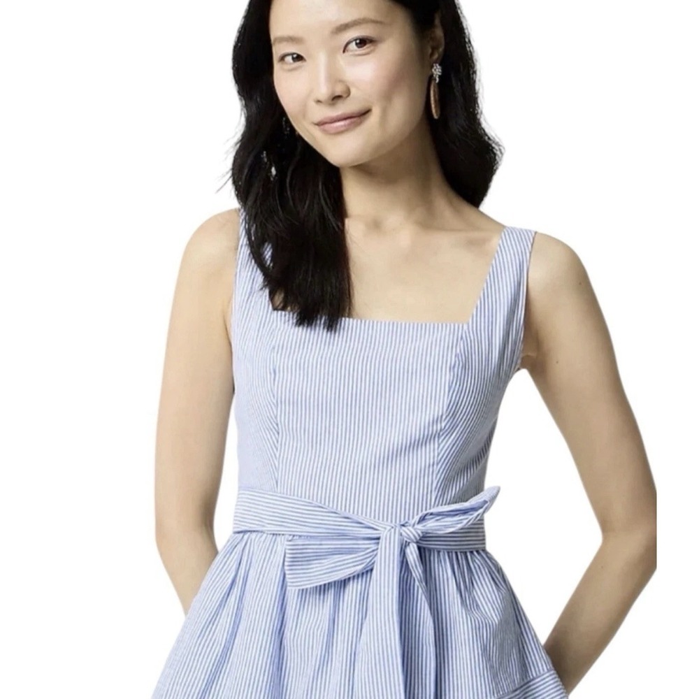 J. Crew Blue/White Striped Tiered Ruffle Midi Dress Size 6 Cotton Coastal Beach - Picture 2 of 12